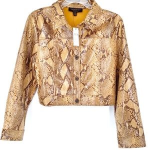 Anthropologie Currant Air Python Print Textured Cropped Trucker Jacket M…